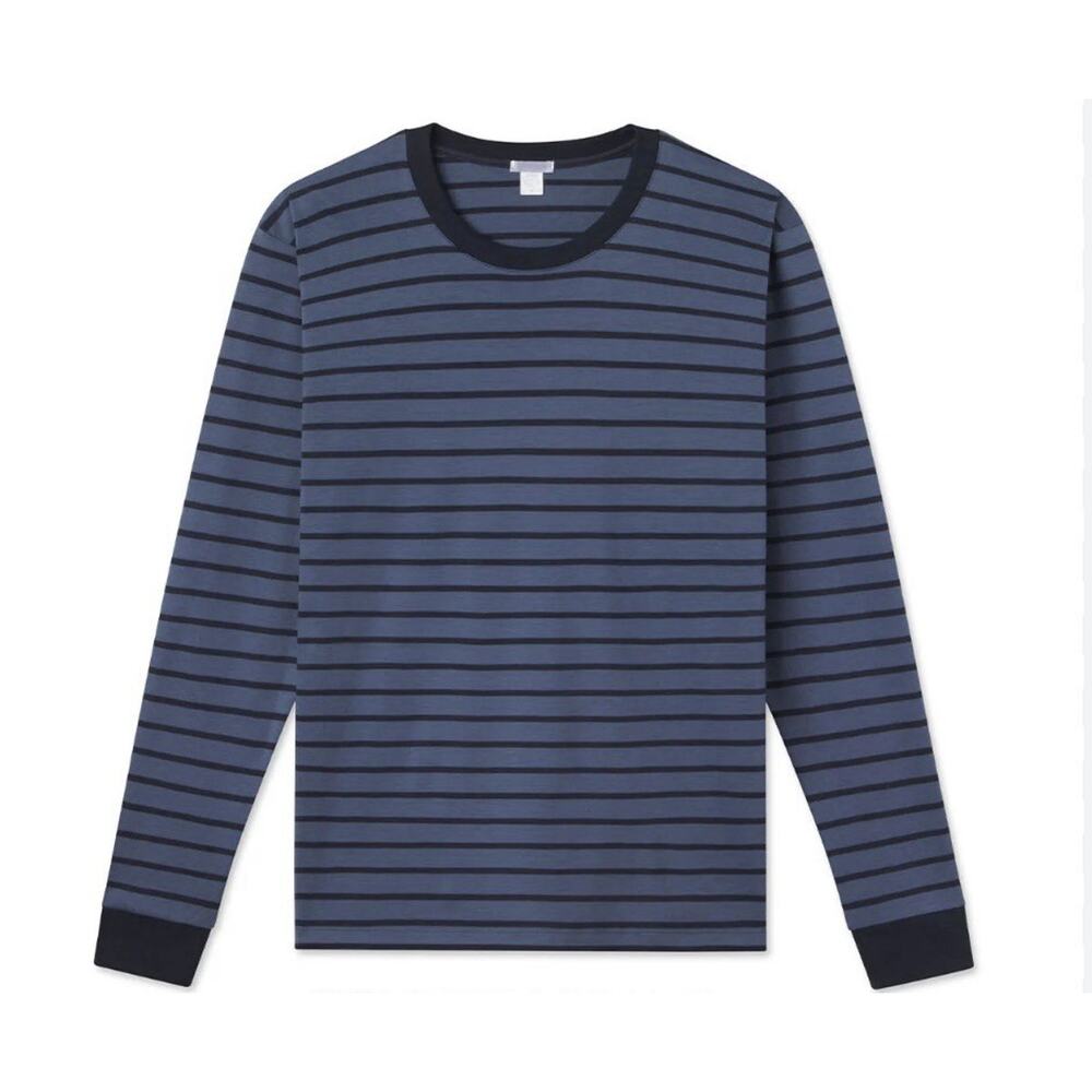 Lake Pajamas Long Sleeve Shirt Top L Blue Stripe Pima Cotton Casual Preppy
